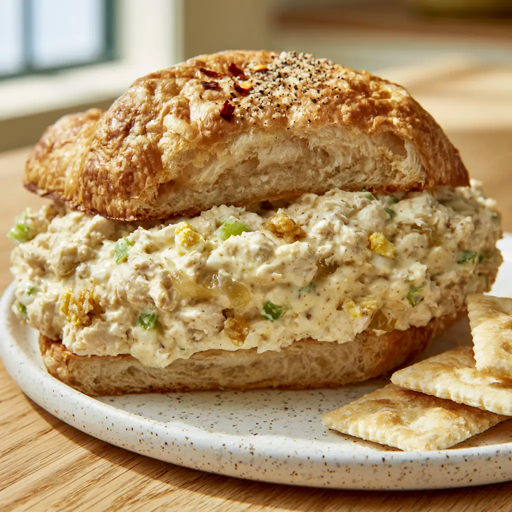 Chick-Fil-A Copycat Chicken Salad: The Ultimate Buttery Croissant Recipe 2 Finely minced chicken salad with golden egg yolk crumbles and bright green celery on a plate with crackers. (Chick-Fil-A Copycat Chicken Salad)