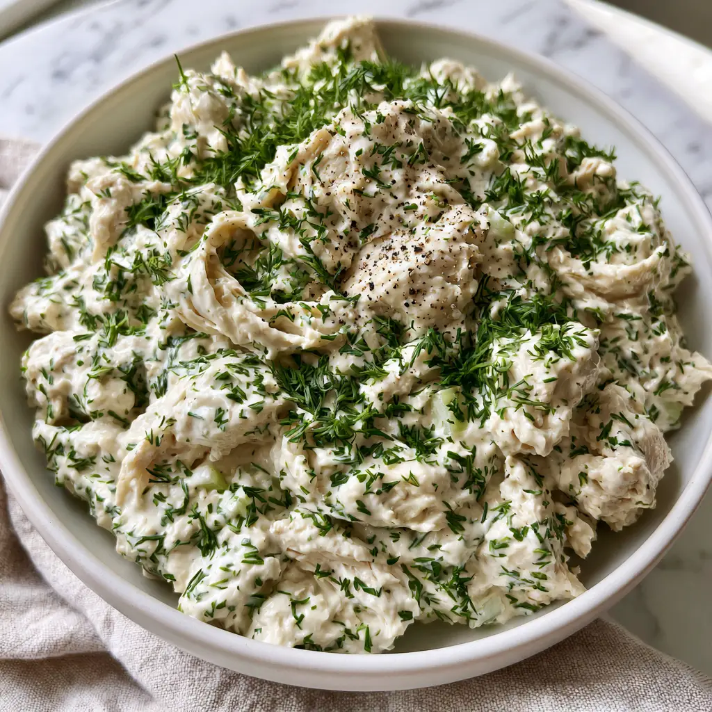 Round Swamp Farm Chicken Salad: The Ultimate Gourmet Hamptons Copycat 2 Top-down view of hand-shredded Round Swamp Farm chicken salad in a white ceramic bowl on marble.