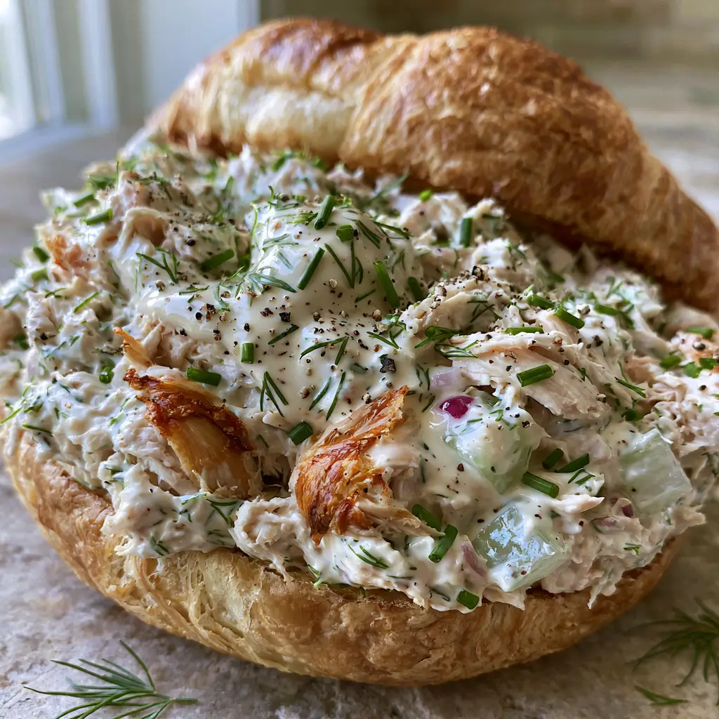 Chicken Salad Recipe: The Ultimate Creamy Rotisserie Croissant Sandwich 2 A 45-degree smartphone photo of a buttery croissant with creamy chicken salad and emerald chives. (chicken salad recipe)