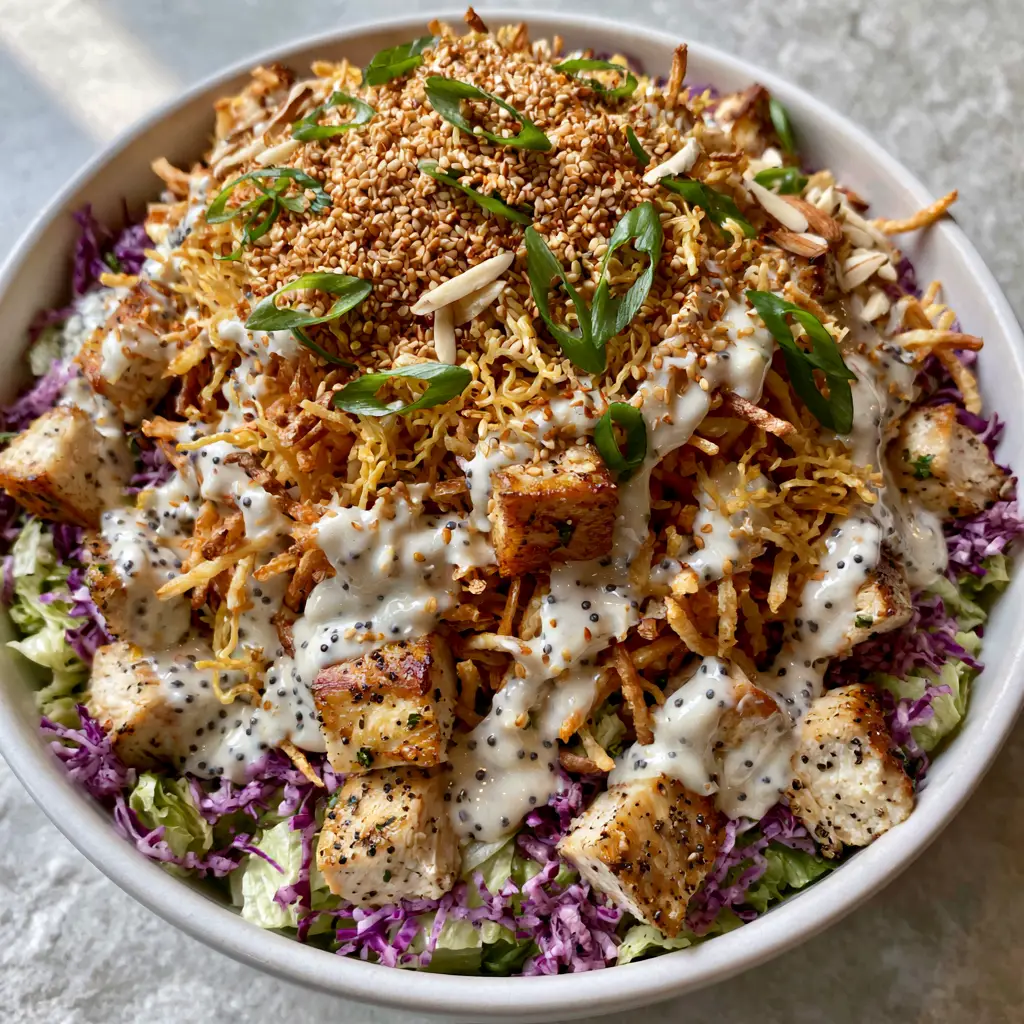 Chicken in the Straw Salad: The Ultimate Crunch Lover's Dream 2 Close-up of pan-seared chicken breast chunks with visible black pepper flecks on a bed of greens in a Chicken in the Straw Salad.