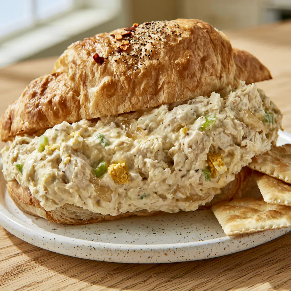 Chick-Fil-A Copycat Chicken Salad: The Ultimate Buttery Croissant Recipe 1 A side view of the diagonal sliced Chick-Fil-A style chicken salad sandwich revealing a creamy interior and flaky croissant layers.