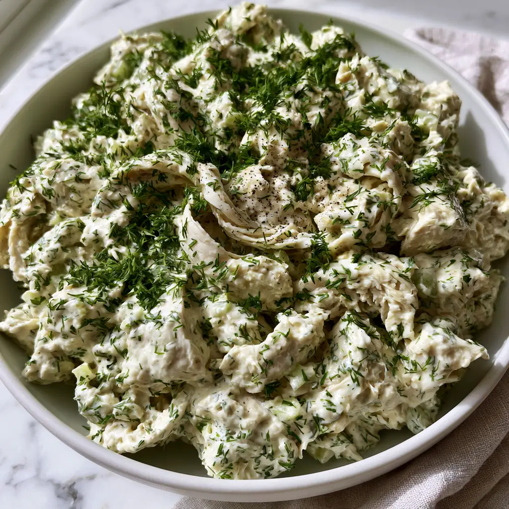 Round Swamp Farm Chicken Salad: The Ultimate Gourmet Hamptons Copycat 1 Close-up of creamy chicken salad with finely chopped dill and microscopic celery bits. (Round Swamp Farm chicken salad)