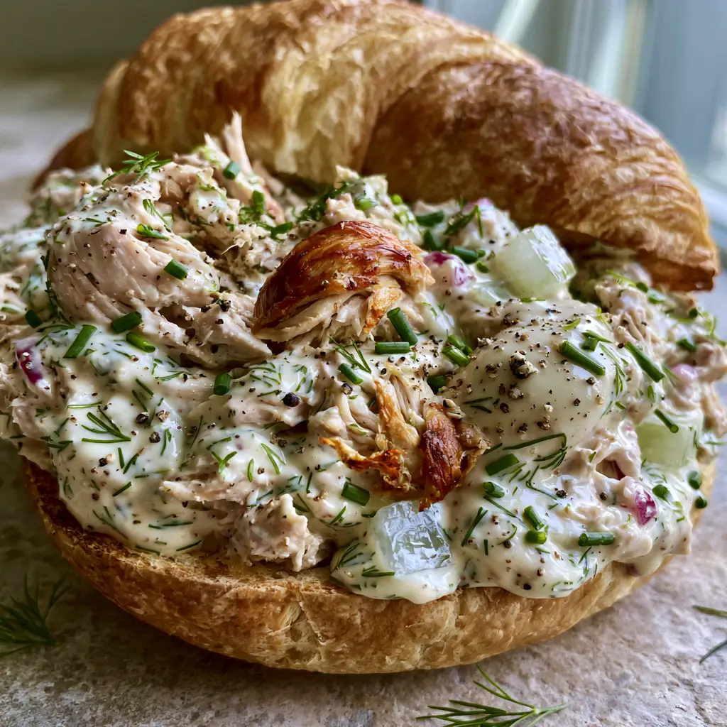 Chicken Salad Recipe: The Ultimate Creamy Rotisserie Croissant Sandwich 1 Close up of the thick creamy herb dressing and shredded chicken texture in a chicken salad recipe.
