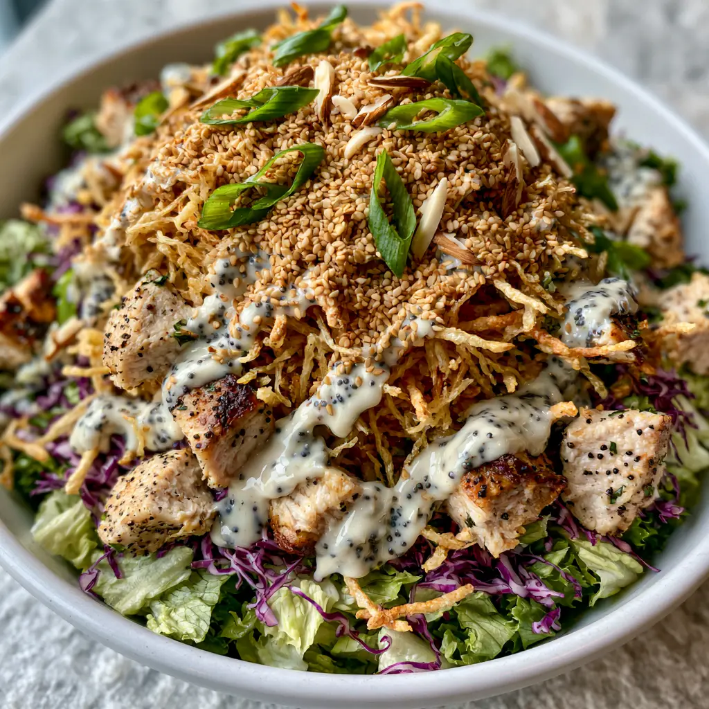 Chicken in the Straw Salad: The Ultimate Crunch Lover's Dream 1 A massive crown of golden-brown shoestring potatoes and chow mein noodles atop a Chicken in the Straw Salad.