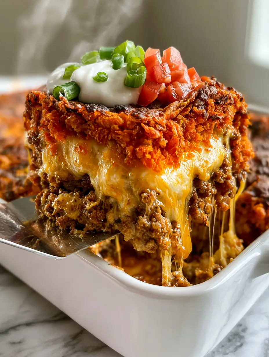 Taco Casserole: The Ultimate Cheesy Dorito Walking Taco Bake 3 Top-down view of a taco casserole in a ceramic dish, featuring steam, melted cheese pulls, and fresh tomato garnish. (taco casserole)