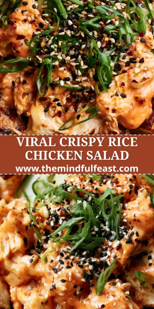 Bang Bang Chicken Crispy Rice Salad with Spicy Sriracha Mayo 3 A top-down shot of a ceramic bowl filled with bang bang chicken crispy rice salad, featuring golden rice blocks and creamy sriracha mayo.