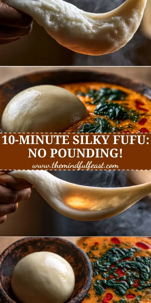 Fufu: The Ultimate Guide to Master the Perfectly Elastic Cassava Dough 3 A split screen showing a hand pulling stretchy snow-white fufu on top and a glossy fufu sphere in a bowl of orange egusi soup on the bottom.