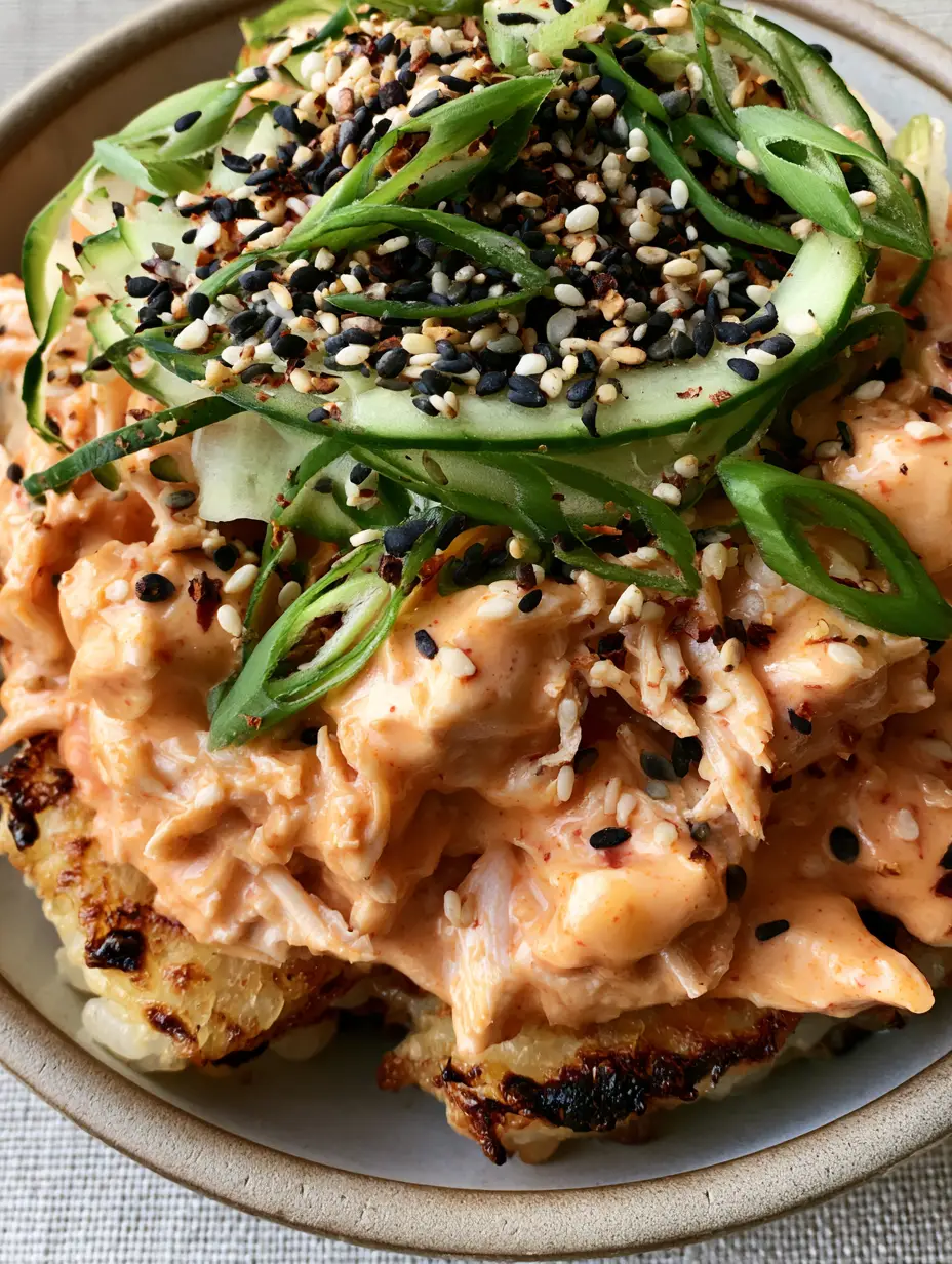 Bang Bang Chicken Crispy Rice Salad with Spicy Sriracha Mayo 4 Close-up macro of crispy rice blocks and shredded chicken in bang bang chicken crispy rice salad with sesame seeds.