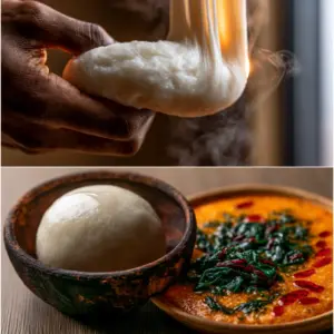 Macro close-up of a hand pulling a piece of silky, stretchy white fufu dough showing its elastic texture.