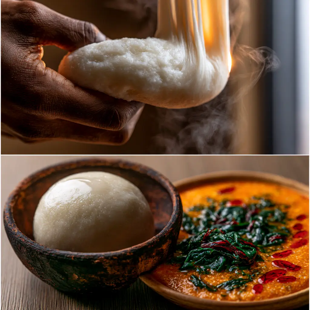 Fufu: The Ultimate Guide to Master the Perfectly Elastic Cassava Dough 2 Macro close-up of a hand pulling a piece of silky, stretchy white fufu dough showing its elastic texture.