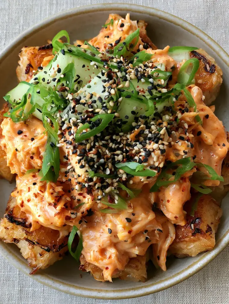 Bang Bang Chicken Crispy Rice Salad with Spicy Sriracha Mayo 1 Artistic overhead view of bang bang chicken crispy rice salad with cucumber ribbons and chili flakes on a neutral linen background.
