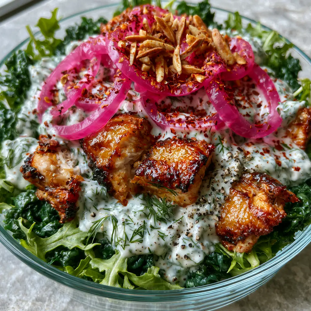 Roasted Chicken Salad with Creamy Herb Dressing and Crispy Skin 1 Macro view of neon-pink pickled onions and toasted slivered almonds on a roasted chicken salad base.