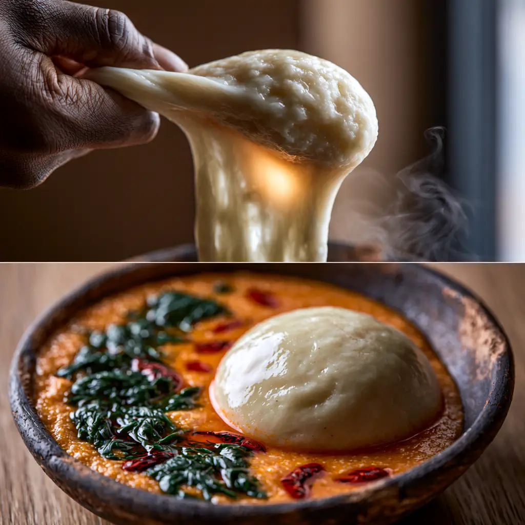 Fufu: The Ultimate Guide to Master the Perfectly Elastic Cassava Dough 1 Top-down view of a glossy fufu sphere in a dark clay bowl with orange egusi soup and wilted spinach.
