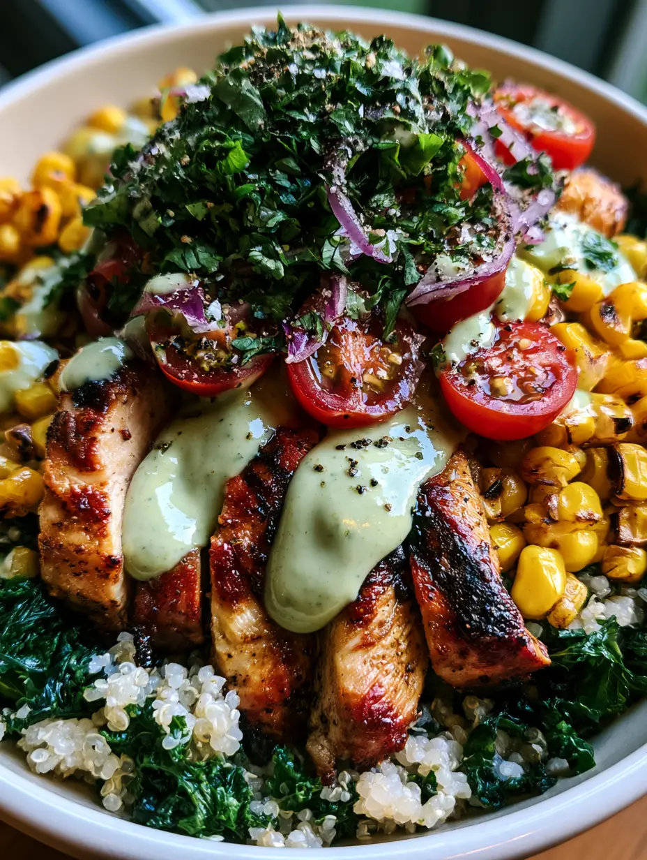 Macro photograph of charred corn, seared chicken strips, and emerald kale in a harvest bowl. (cat drawing idea)