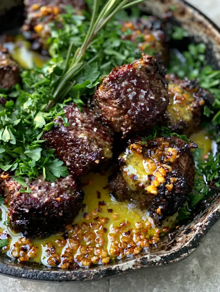 Steak Dinner: Garlic Butter Steak Bites with Crispy Minced Garlic 1 Crispy golden garlic bits and red pepper flakes pooling in melted butter around seared steak.