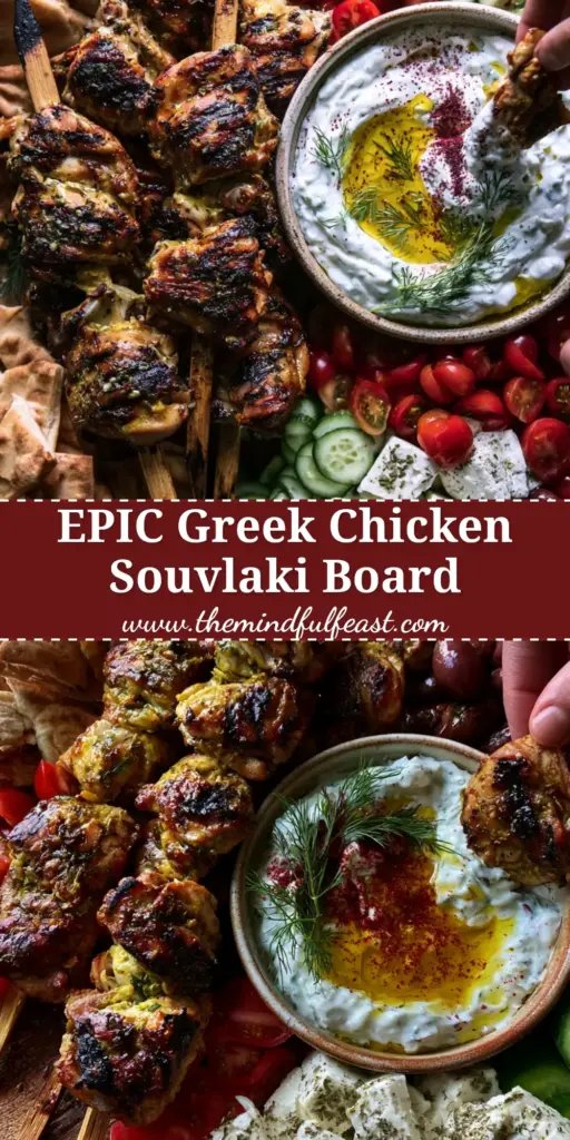 Greek chicken souvlaki grazing board: The Ultimate Mediterranean Platter 3 A massive rustic wooden Greek chicken souvlaki grazing board with charred skewers, creamy tzatziki, and fresh Mediterranean vegetables.