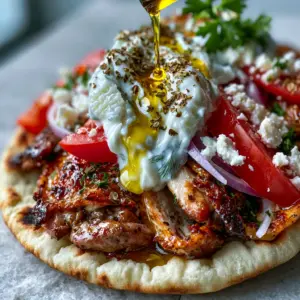 Close-up of succulent roasted chicken thighs with crispy browned edges in a gyro. (Greek food dishes)