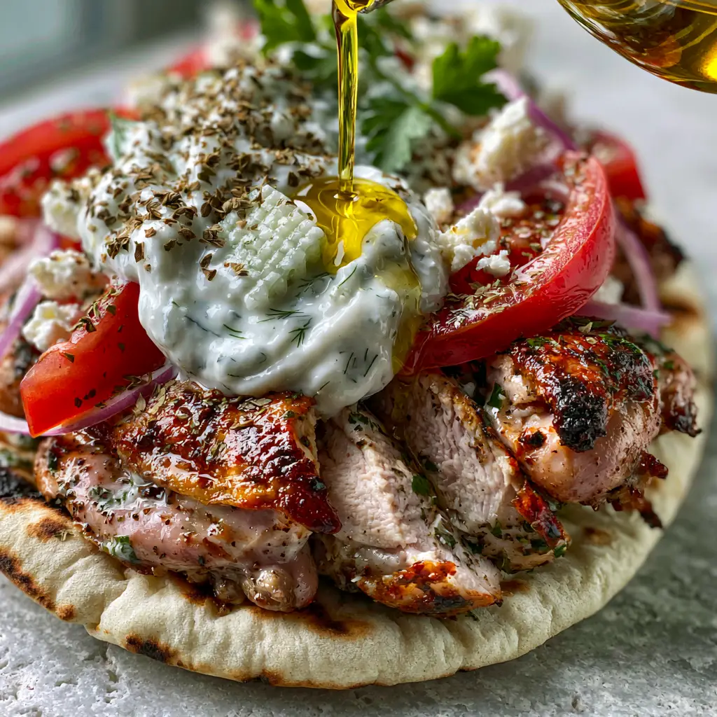 Greek Food Dishes: Authentic Crispy Chicken Gyros with Herb-Infused Oil 1 Action shot of golden herb-infused olive oil being drizzled over a Greek gyro.