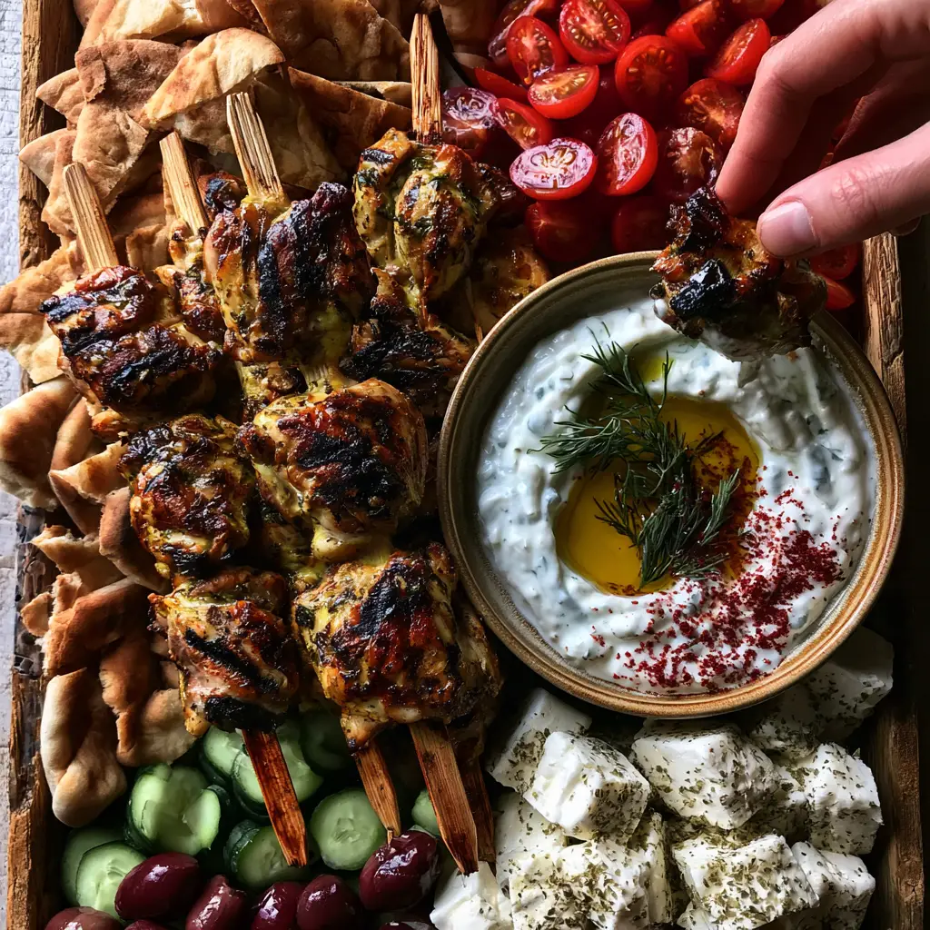 Greek chicken souvlaki grazing board: The Ultimate Mediterranean Platter 2 Top-down view of a Greek chicken souvlaki grazing board featuring juicy charred chicken thighs and vibrant Mediterranean colors.