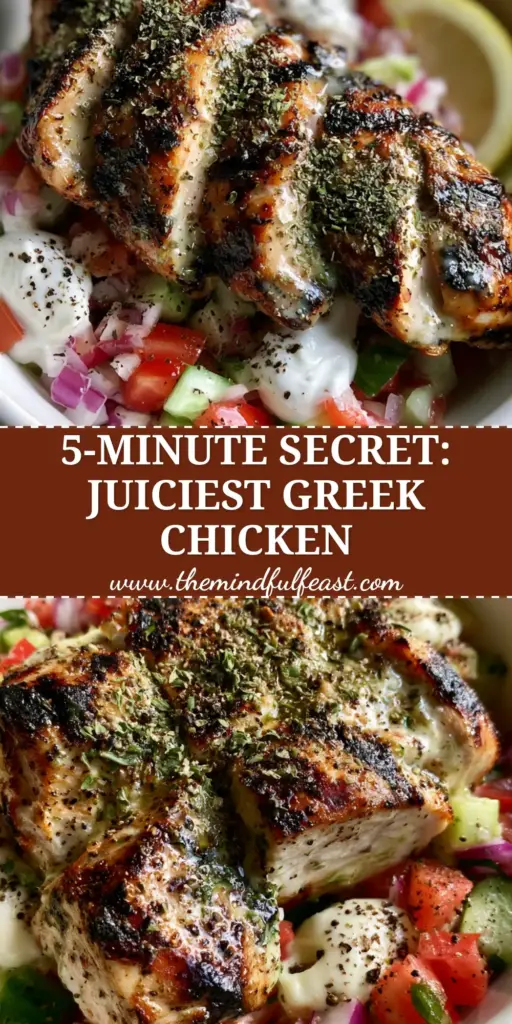 Greek Chicken Marinade: The Secret to Succulent, Char-Grilled Perfection 4 A Pinterest-style vertical graphic showing succulent slices of grilled chicken with a creamy Greek chicken marinade, served over a Mediterranean cucumber and tomato salad with lemon wedges.