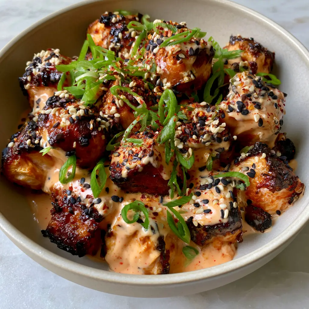 Bang Bang Salmon Recipe: Crispy Air-Fried Bites with Sriracha Honey Glaze 1 Top-down view of a ceramic bowl filled with glazed salmon topped with white and black sesame seeds and scallions. (bang bang salmon recipe)