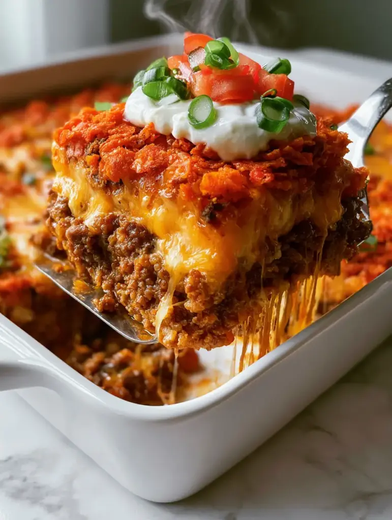 Taco Casserole: The Ultimate Cheesy Dorito Walking Taco Bake 1 Close-up of taco casserole layers showing the oily sheen of the seasoned beef and gooey monterey jack cheese. (taco casserole)
