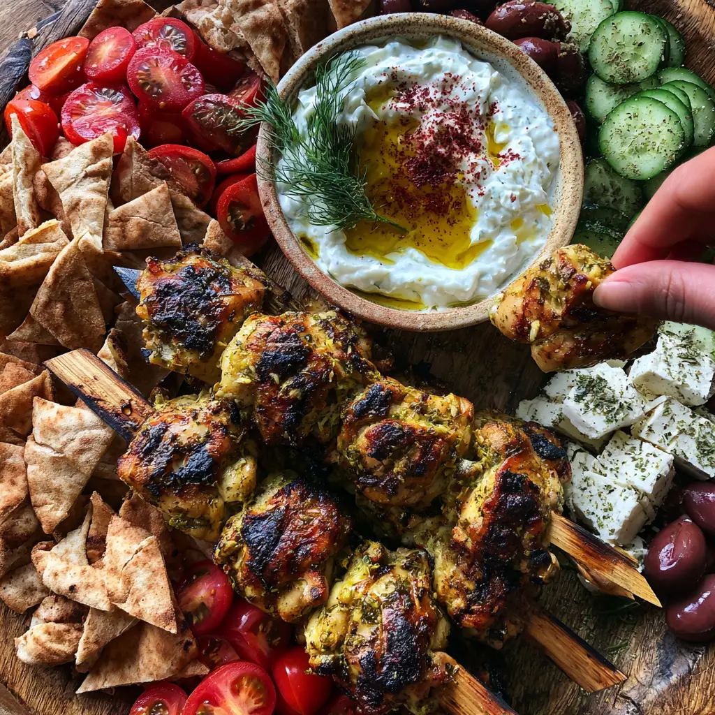 Greek chicken souvlaki grazing board: The Ultimate Mediterranean Platter 1 Close up of a hand dipping charred chicken into a thick bowl of tzatziki on a Greek chicken souvlaki grazing board.