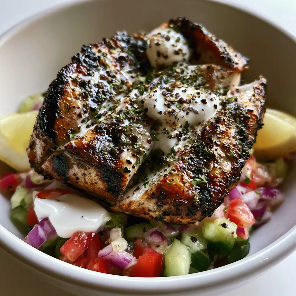 Greek Chicken Marinade: The Secret to Succulent, Char-Grilled Perfection 2 A top-down macro shot of thick, succulent slices of grilled chicken breast glistening with a creamy Greek chicken marinade and dark grill marks.