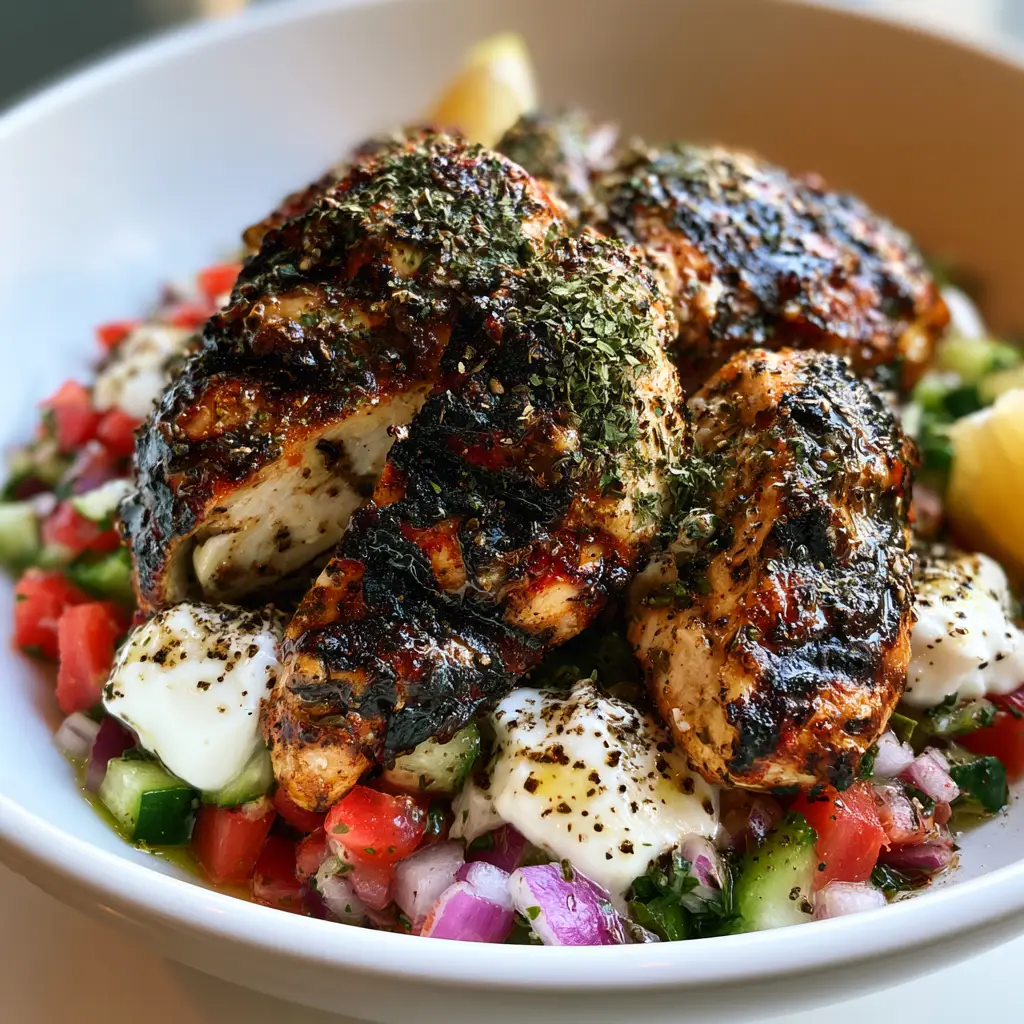 Greek Chicken Marinade: The Secret to Succulent, Char-Grilled Perfection 1 Close up of grilled chicken slices on a bed of diced tomatoes, Persian cucumbers, and red onion, garnished with dried oregano and dollops of tzatziki sauce.