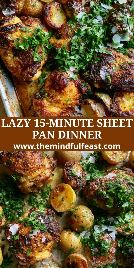 Weeknight Chicken Dinner with Blistered Thighs and Golden Potatoes 3 Top-down view of a weeknight chicken dinner with crispy thighs and caramelized potatoes on a metallic sheet pan.