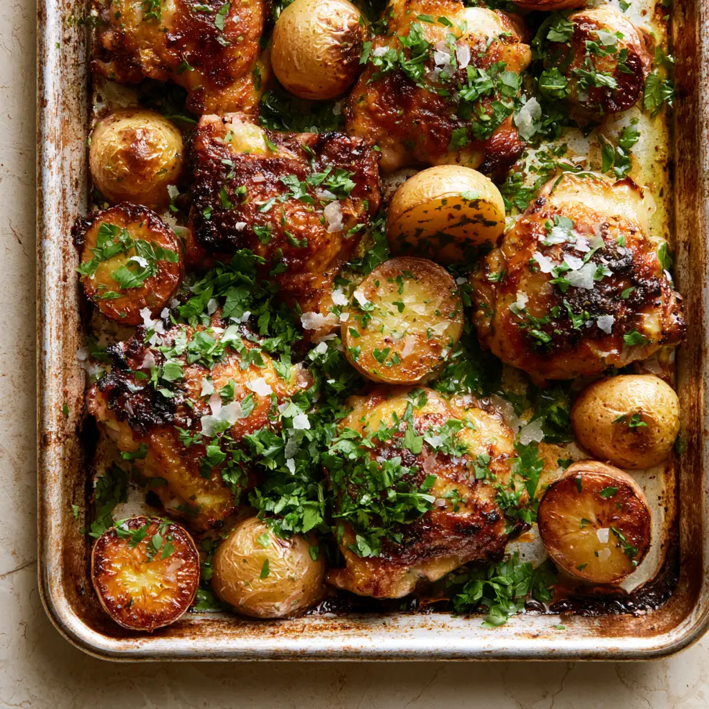 Weeknight Chicken Dinner with Blistered Thighs and Golden Potatoes 2 Bird's-eye view of roasted chicken thighs with blistered skin and caramelized gold potatoes. (weeknight chicken dinner)