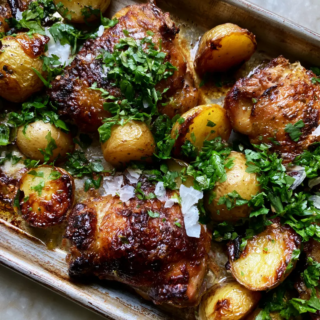Weeknight Chicken Dinner with Blistered Thighs and Golden Potatoes 1 Close-up of golden brown baby gold potatoes with crispy undersides and chicken drippings. (weeknight chicken dinner)