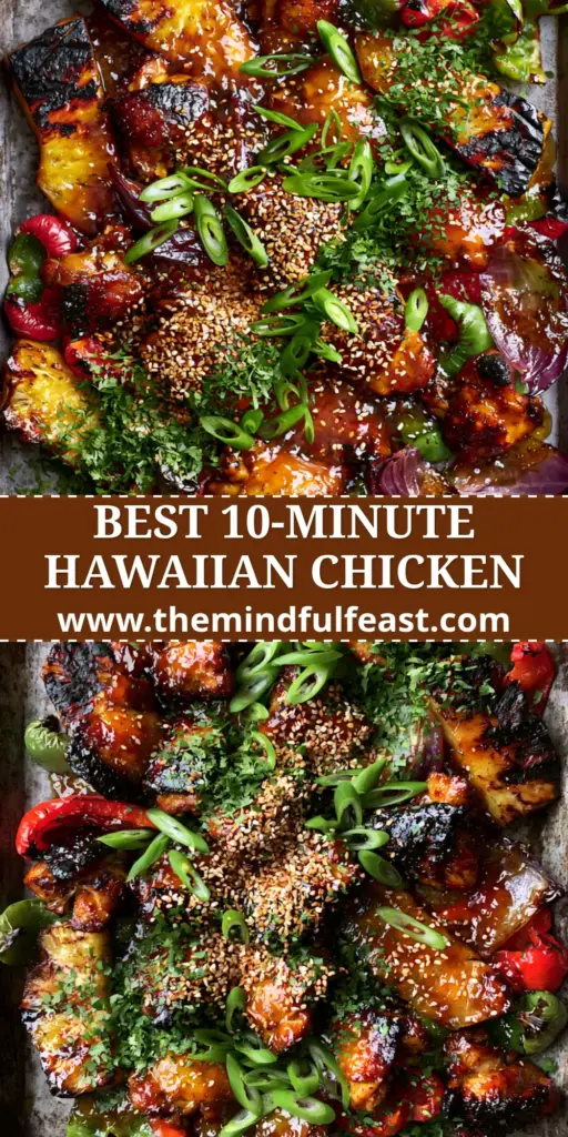 Hawaiian Chicken Sheet Pan with Caramelized Pineapple and Teriyaki Glaze 3 Overhead view of a dark rustic sheet pan filled with seared chicken thighs, charred pineapple, and blistered peppers in an amber glaze. (Hawaiian Chicken Sheet Pan)