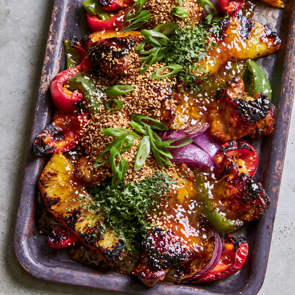Hawaiian Chicken Sheet Pan with Caramelized Pineapple and Teriyaki Glaze 2 A close-up overhead photo of a rustic pan with seared chicken thigh chunks and glossy amber glaze. (Hawaiian Chicken Sheet Pan)