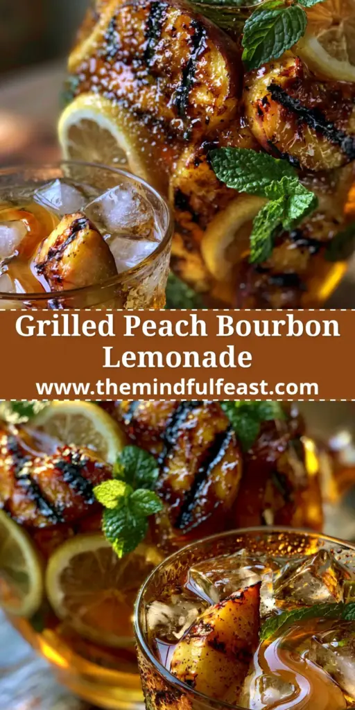 Grilled Peach Bourbon Lemonade: The Ultimate Smoky Summer Refresher 4 A tall glass of Grilled Peach Bourbon Lemonade with dark charred peach slices and fresh mint on a wooden table.