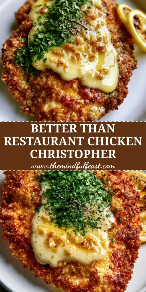 Chicken Christopher: The Ultimate Crispy Pan-Seared Lemon Butter Garlic Chicken 4 A close-up shot of golden-brown panko-breaded Chicken Christopher drizzled with a glossy lemon butter sauce and garnished with fresh parsley on a white plate.