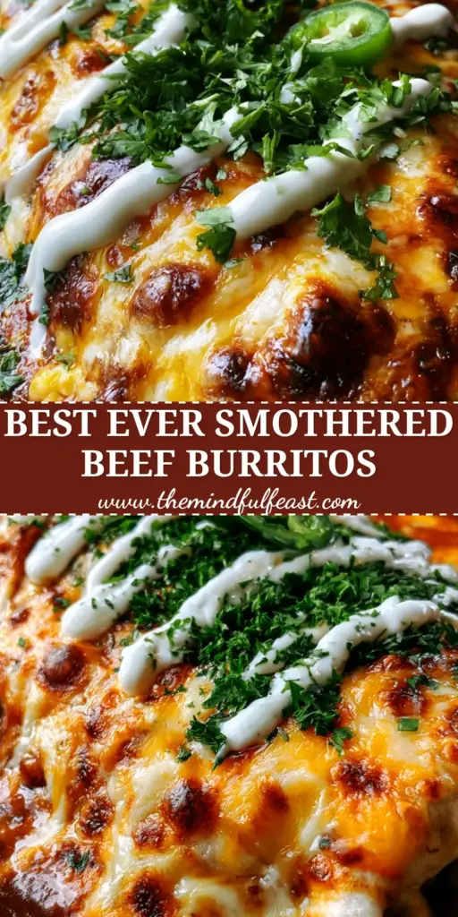 Smothered Burritos with Seasoned Beef and Bubbling Melted Cheese 4 A close-up of a large smothered beef burrito in a cast iron skillet topped with bubbling cheese and crema. (smothered burritos)