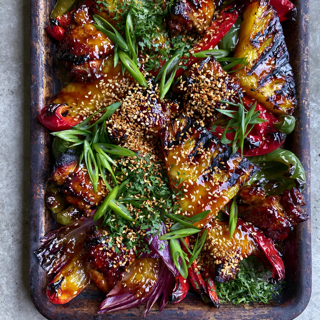 Hawaiian Chicken Sheet Pan with Caramelized Pineapple and Teriyaki Glaze 1 Blistered red and green bell peppers with caramelized red onion petals on a dark sheet pan. (Hawaiian Chicken Sheet Pan)