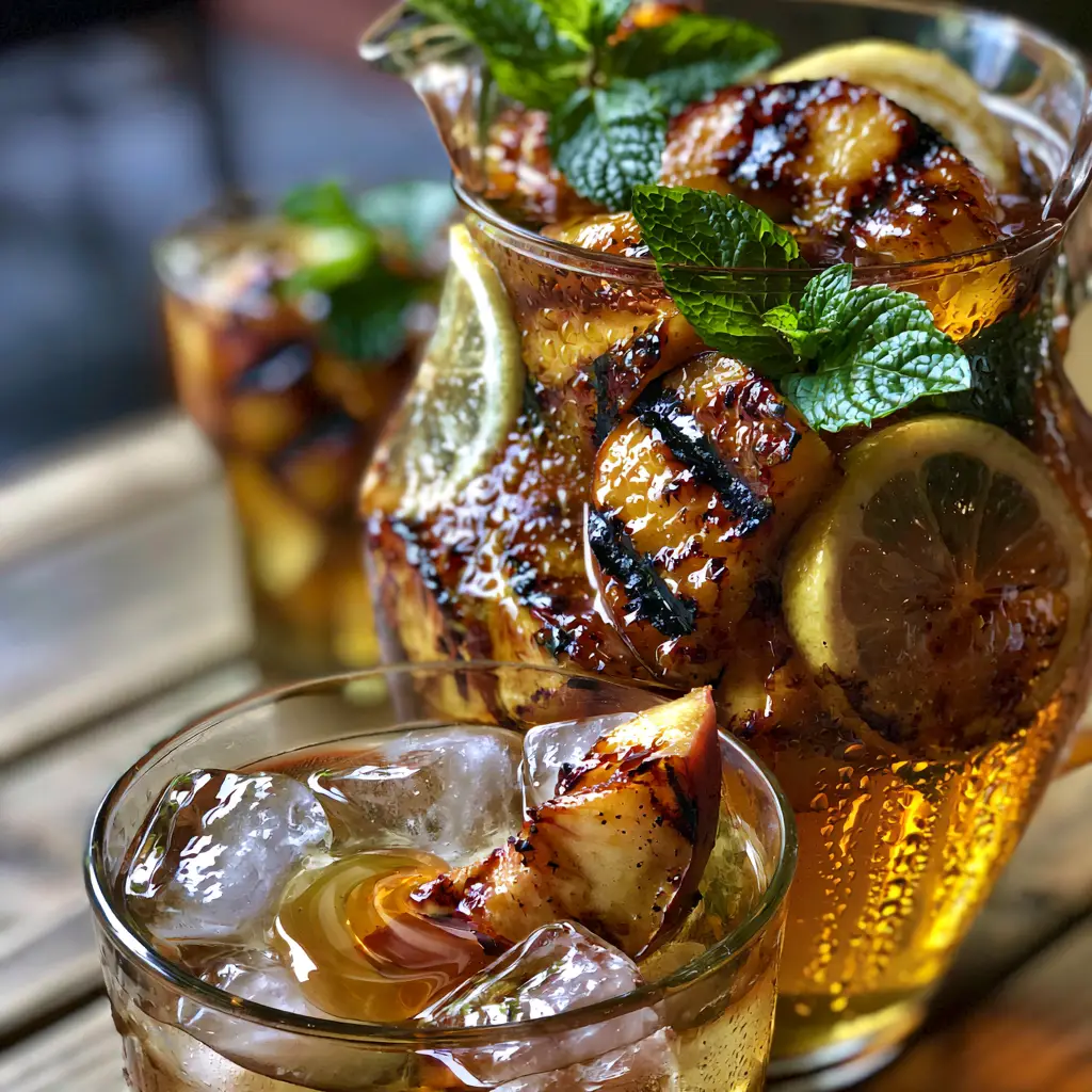 Grilled Peach Bourbon Lemonade: The Ultimate Smoky Summer Refresher 2 Close-up of a glass pitcher filled with Grilled Peach Bourbon Lemonade, showing caramelized peach slices and mint sprigs.