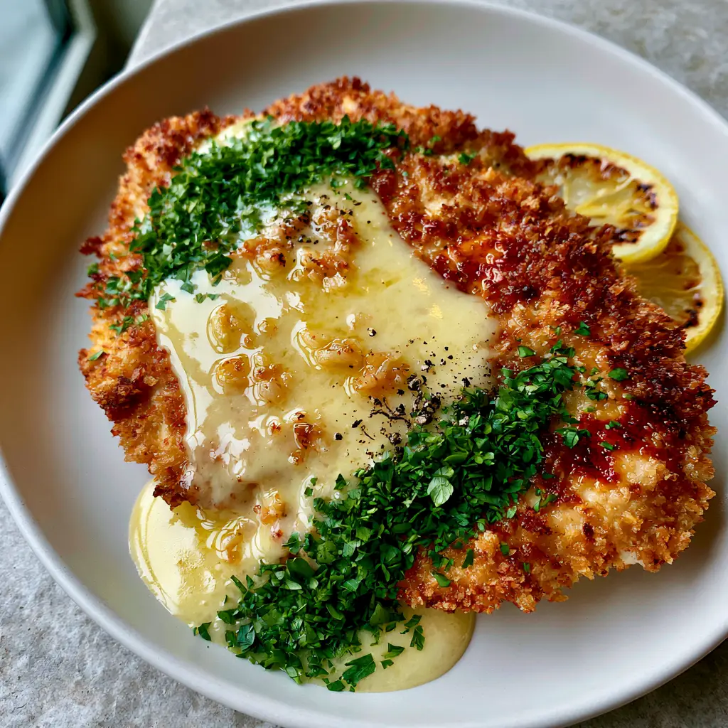 Chicken Christopher: The Ultimate Crispy Pan-Seared Lemon Butter Garlic Chicken 2 Macro top-down shot of pan-seared panko chicken breast with a thick pale yellow lemon butter sauce being drizzled over the top showing minced garlic.