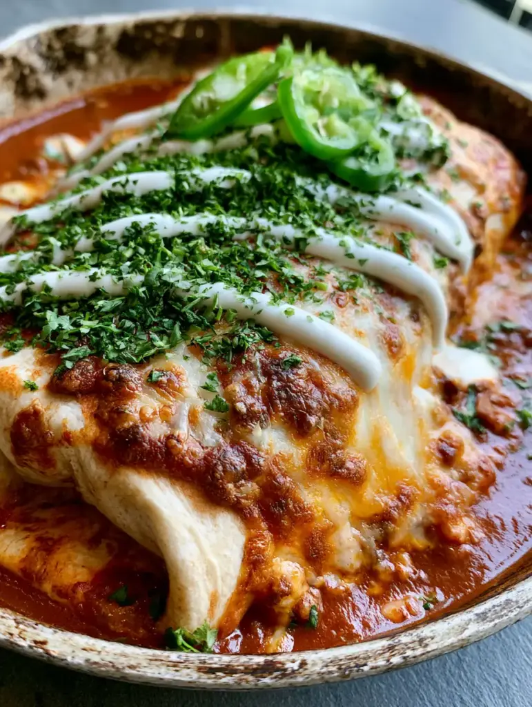 Smothered Burritos with Seasoned Beef and Bubbling Melted Cheese 2 Top-down shot of smothered burritos in a red sauce with melted cheese and fresh cilantro. (smothered burritos)