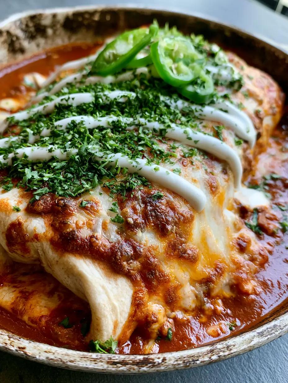 Smothered Burritos with Seasoned Beef and Bubbling Melted Cheese 3 Top-down shot of smothered burritos in a red sauce with melted cheese and fresh cilantro. (smothered burritos)