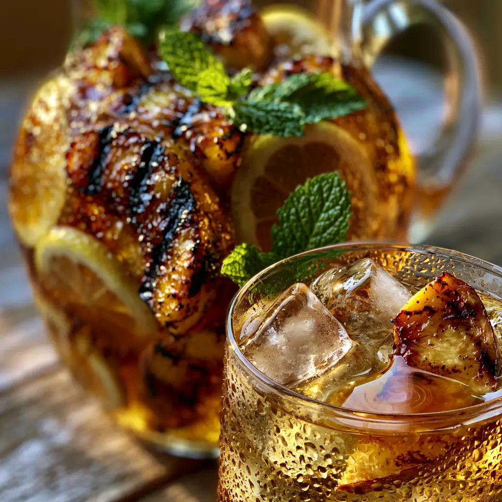Grilled Peach Bourbon Lemonade: The Ultimate Smoky Summer Refresher 1 A front view of a glistening glass of amber bourbon lemonade with condensation and clear ice.