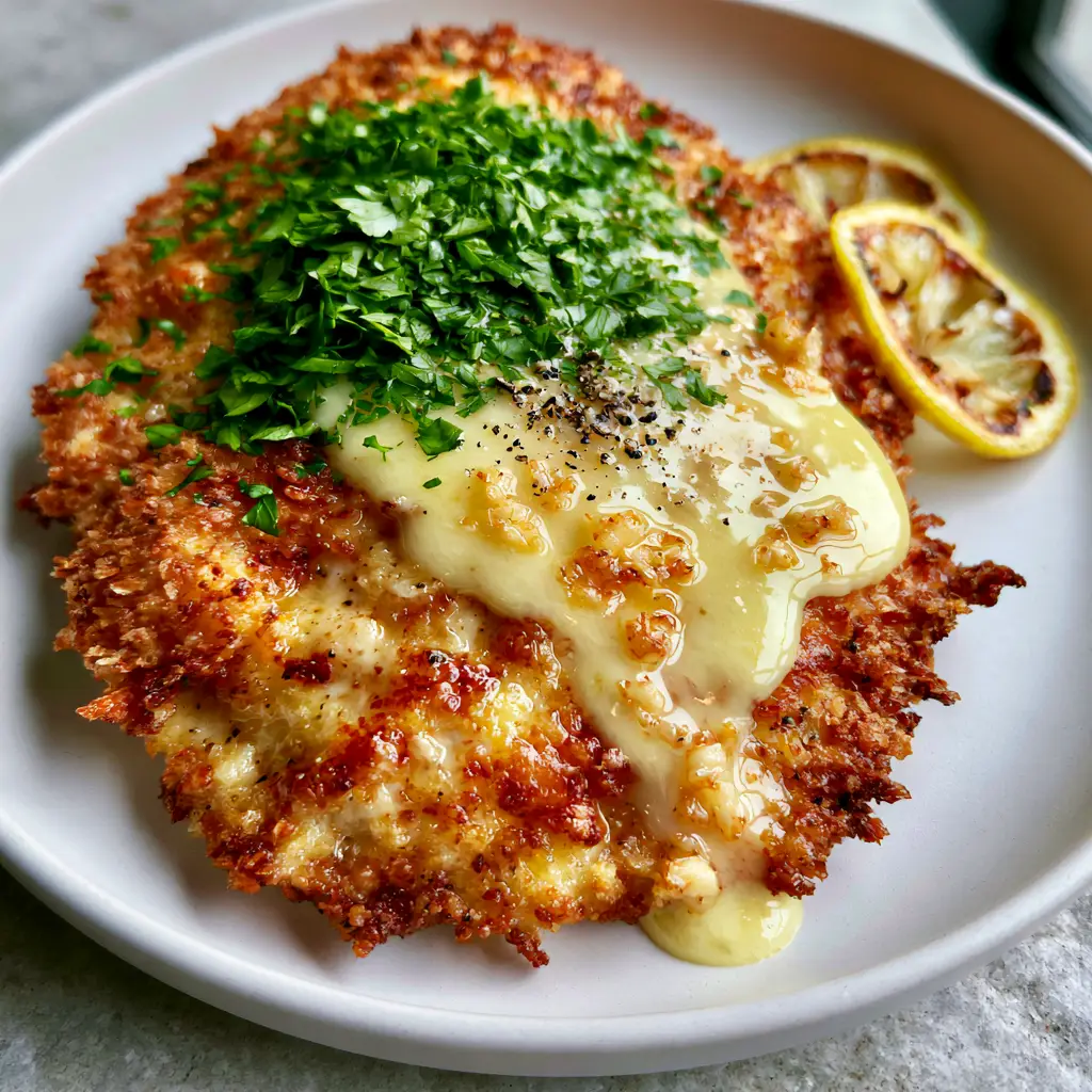 Chicken Christopher: The Ultimate Crispy Pan-Seared Lemon Butter Garlic Chicken 1 Golden-brown breaded chicken on a matte white ceramic plate with charred lemon slices and a dusting of parsley.