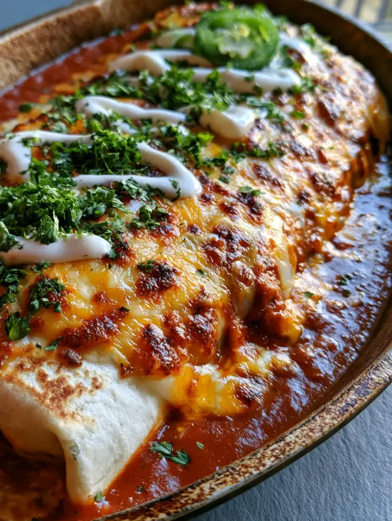 Smothered Burritos with Seasoned Beef and Bubbling Melted Cheese 1 Extreme close-up of melted Monterey Jack cheese and toasted cheddar spots on a wet burrito.