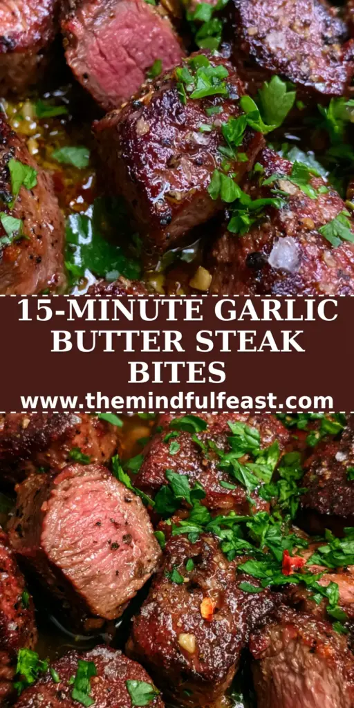 A sizzling cast iron skillet filled with garlic butter steak bites, garnished with parsley and sea salt flakes. (steak meal ideas)