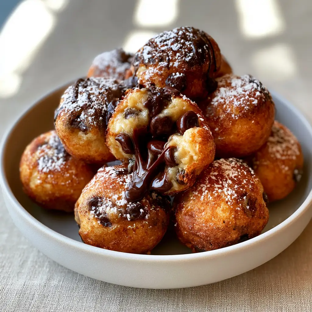 Deep Fried Chocolate Chip Cookie Dough: The Ultimate Crispy & Gooey Recipe 2 A handheld photo showing a crispy golden-brown fried cookie dough bite being pulled apart with melting chocolate chips.