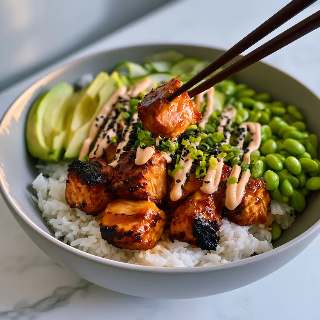 Salmon Rice Bowl Recipe: The Ultimate Air-Fried Honey-Sriracha Gourmet Feast 2 Close-up of charred Atlantic salmon cubes with a glistening glaze in a grey ceramic bowl. (salmon rice bowl recipe)