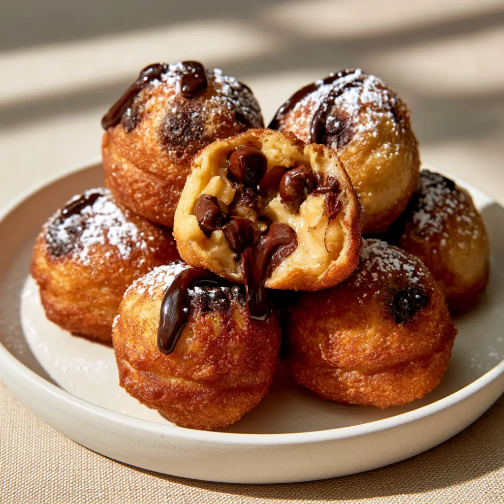 Deep Fried Chocolate Chip Cookie Dough: The Ultimate Crispy & Gooey Recipe 1 Golden-brown fried cookie dough bites dusted with powdered sugar and drizzled with glossy dark chocolate.