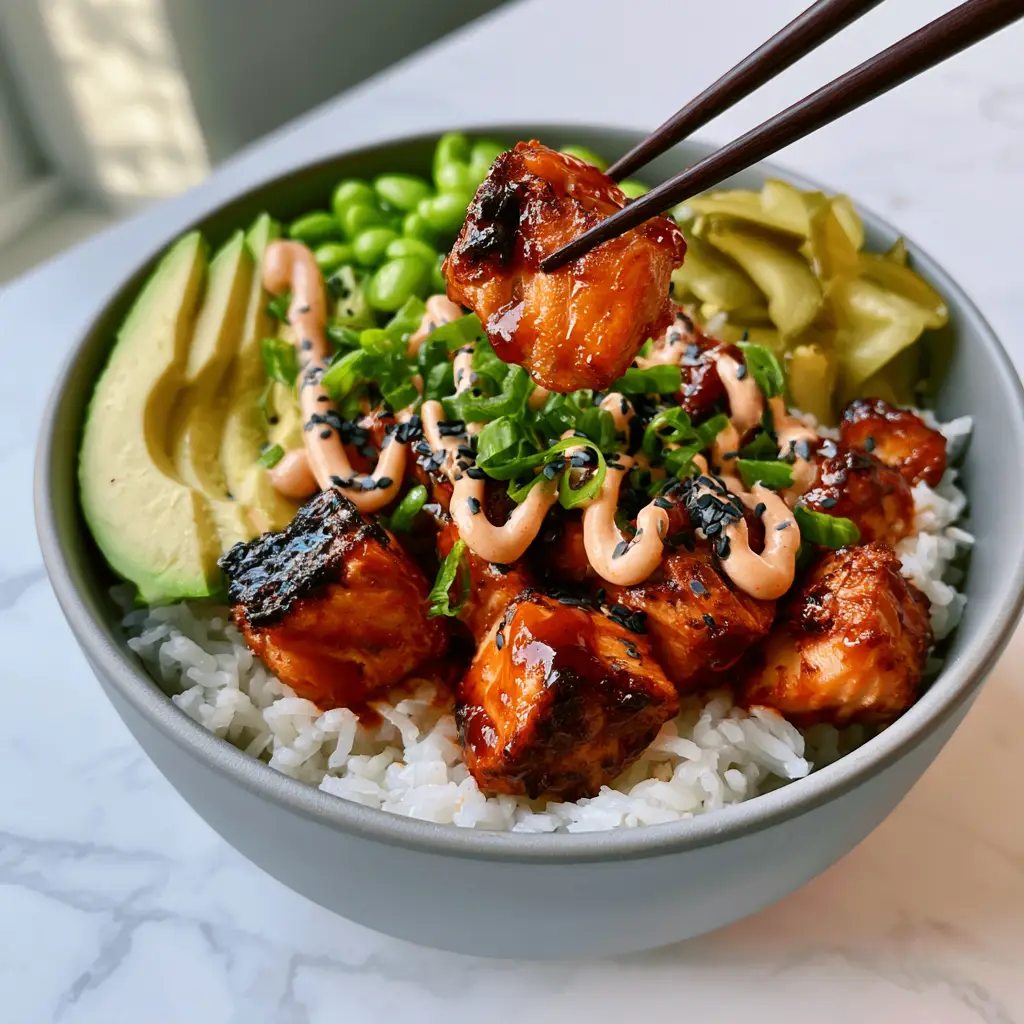 Salmon Rice Bowl Recipe: The Ultimate Air-Fried Honey-Sriracha Gourmet Feast 1 A pair of wooden chopsticks lifting a single flaky honey-sriracha salmon cube from a rice bowl.